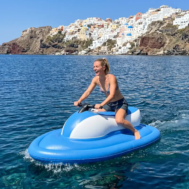 Customer riding inflatable electric water jet ski near a coastal town