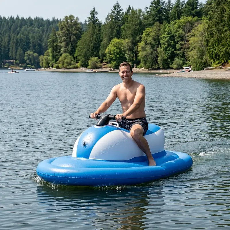 Customer riding inflatable electric water jet ski on a lake